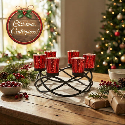 Iron Round Votive Tealight Candle Holder Centerpiece for Halloween and Christmas Decorations - Table Decor for Weddings, Outdoor Patio, Kitchen, and Coffee Tabl - Black/Red circular - PT05