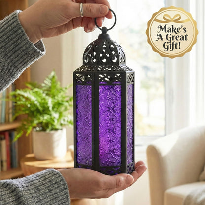 Black Metal Decorative Moroccan Lantern Candle Holder Lamp - Indoor/Outdoor, Home Decor, Patio, Weddings, Christmas - Purple Medium - PT02