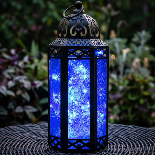 Metal Moroccan Decorative LED Fairy Lights Candle Lantern Holders for Indoor Home Fantasy Decor, Table Centerpieces, Outdoor Patio or Porch, Weddings, Medium - Cobalt Medium - MAIN