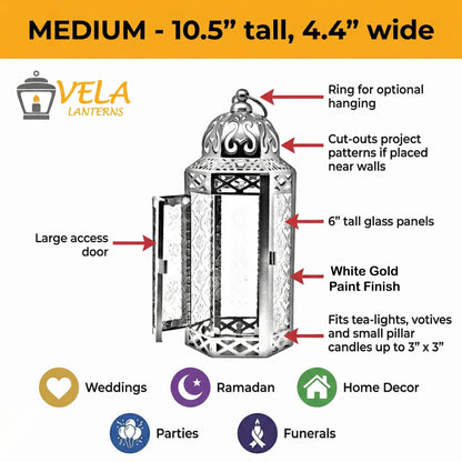 Black Metal Decorative Moroccan Lantern Candle Holder Lamp - Indoor/Outdoor, Home Decor, Patio, Weddings, Christmas - White Gold Medium - PT04