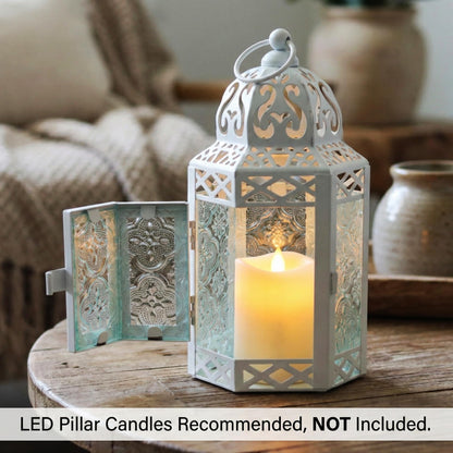 Black Metal Decorative Moroccan Lantern Candle Holder Lamp - Indoor/Outdoor, Home Decor, Patio, Weddings, Christmas - White/Clear Small - PT07
