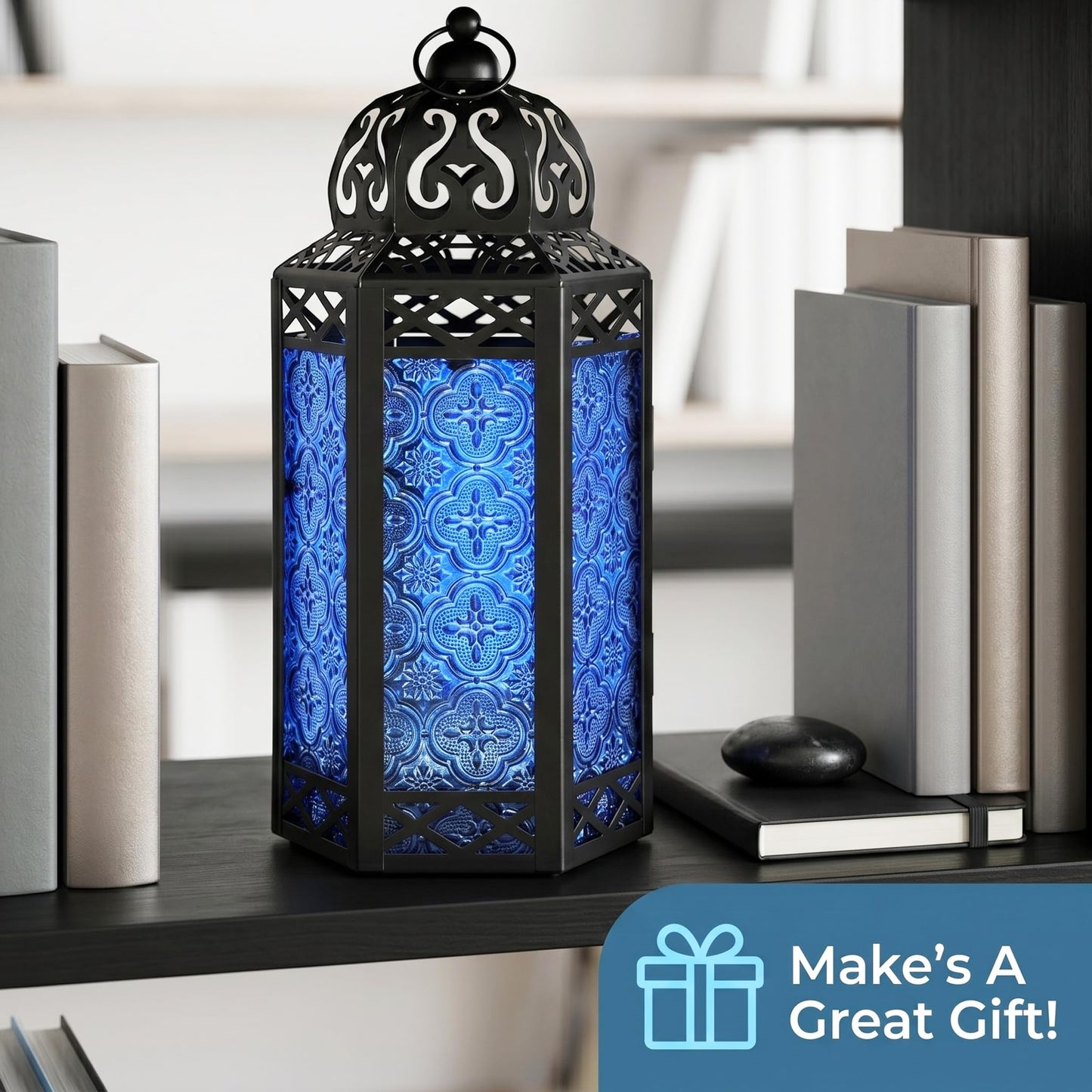 Black Metal Decorative Moroccan Lantern Candle Holder Lamp - Indoor/Outdoor, Home Decor, Patio, Weddings, Christmas - Cobalt Large - PT04