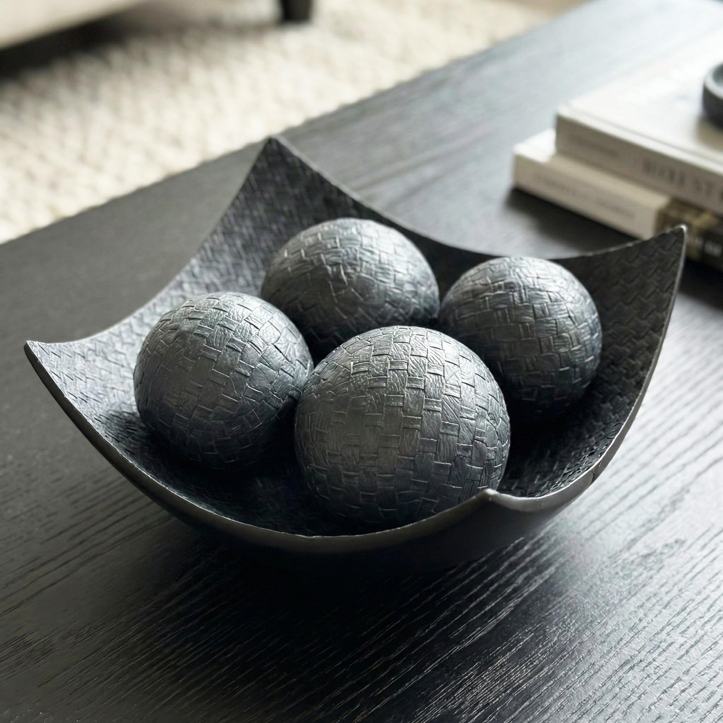 5pc Scoop Bowl Table Centerpieces for Dining Room, Large Decorative Bowls for Coffee Table Decor, Kitchen, Orbs/Balls Included, 14" diagonal. 11" wide and 5.75" - Charcoal Black Large - MAIN