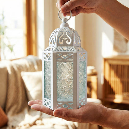 Black Metal Decorative Moroccan Lantern Candle Holder Lamp - Indoor/Outdoor, Home Decor, Patio, Weddings, Christmas - White/Clear Small - PT06