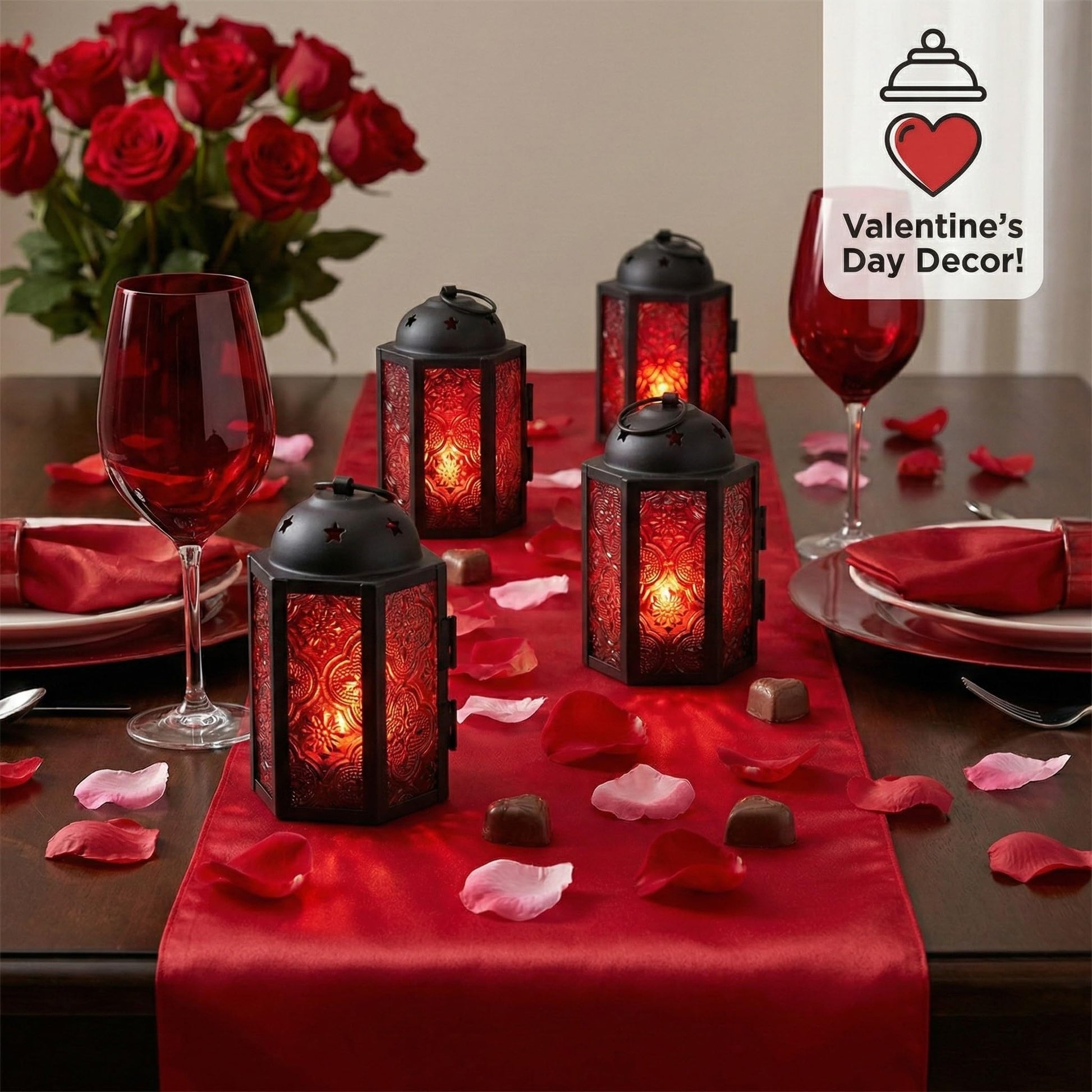Mini Moroccan Tea Light Candle Holder Lanterns – 4.25" Small Decorative Lantern for Table or Hanging, Metal with Glass Panels – Ramadan, Wedding, Home Decor, Ru - Ruby Red 4 - PT07