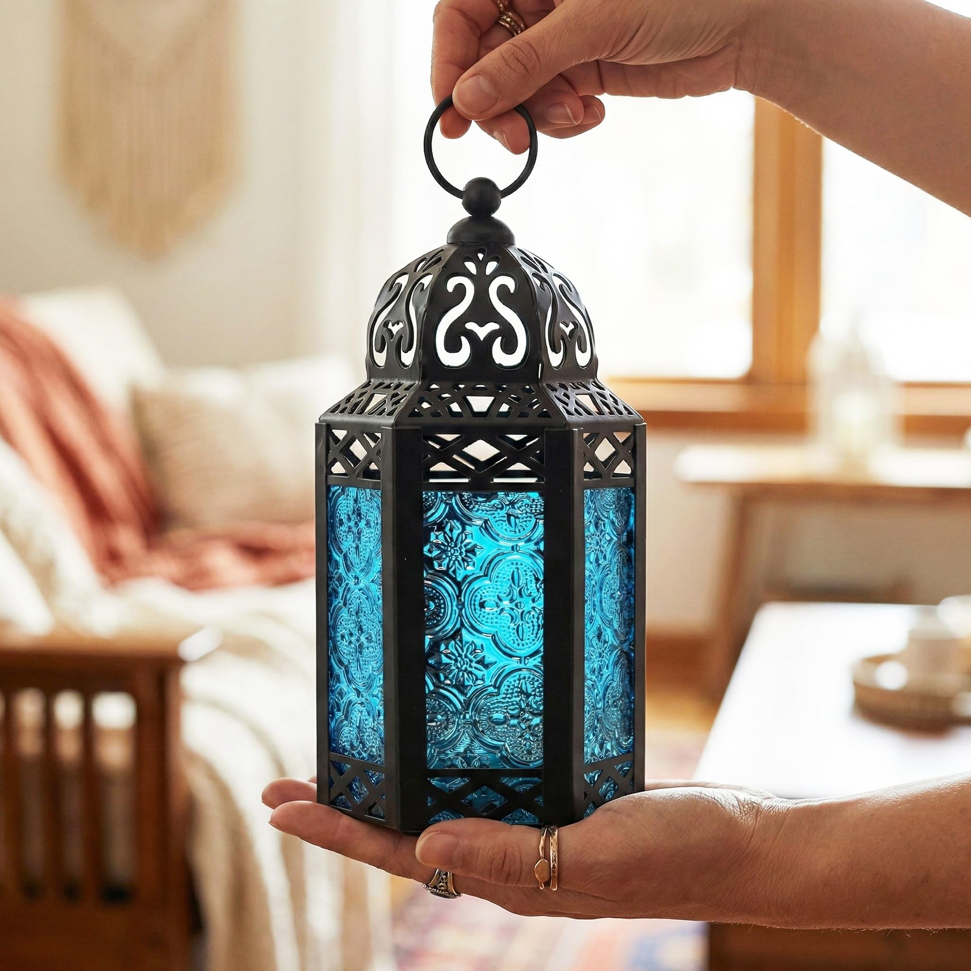 Black Metal Decorative Moroccan Lantern Candle Holder Lamp - Indoor/Outdoor, Home Decor, Patio, Weddings, Christmas - Blue Small - PT05