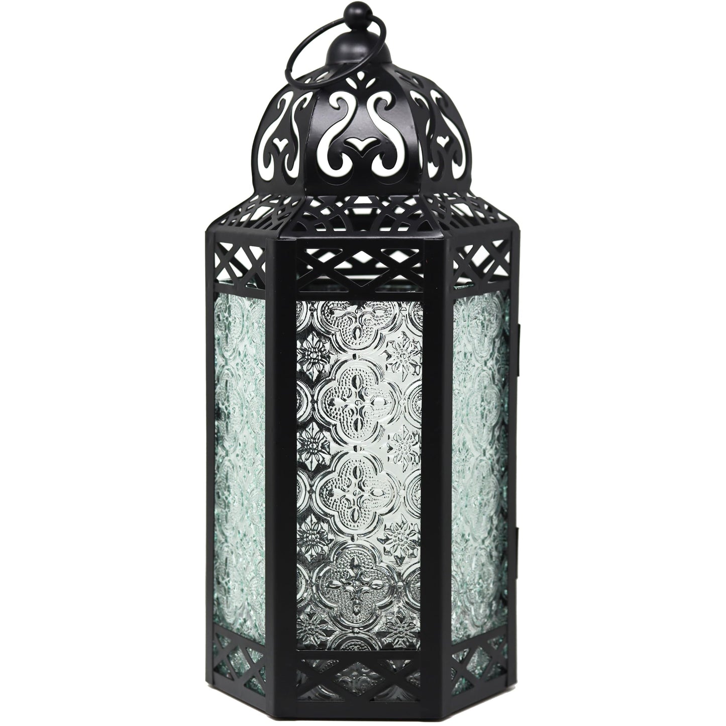 Black Metal Decorative Moroccan Lantern Candle Holder Lamp - Indoor/Outdoor, Home Decor, Patio, Weddings, Christmas - Clear Large - MAIN