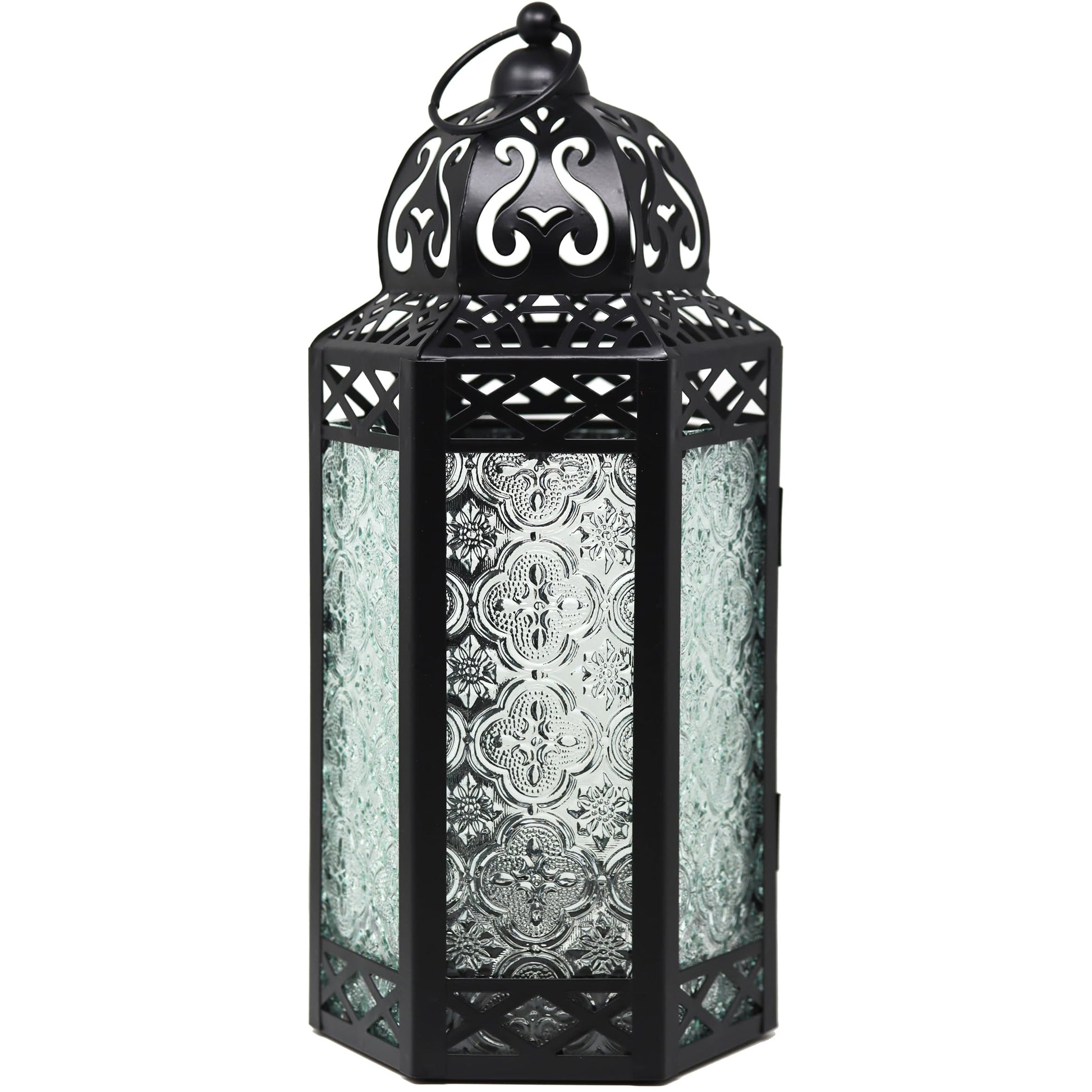 Black Metal Decorative Moroccan Lantern Candle Holder Lamp - Indoor/Outdoor, Home Decor, Patio, Weddings, Christmas - Clear Large - MAIN