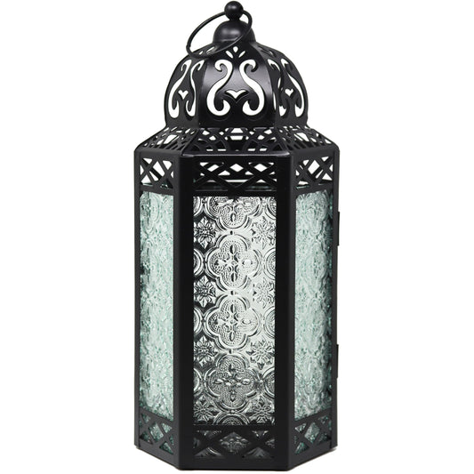 Black Metal Decorative Moroccan Lantern Candle Holder Lamp - Indoor/Outdoor, Home Decor, Patio, Weddings, Christmas - Clear Large - MAIN