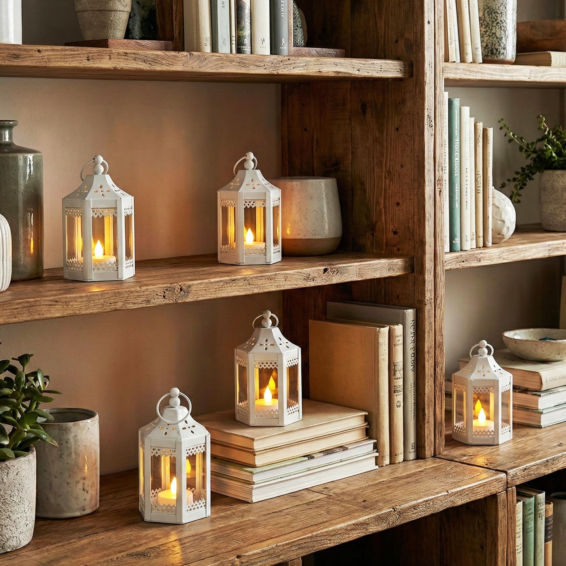 6pc Mini Small 4.5 Inch Metal Moroccan Lanterns Decorative Candle Tealight Holders for Centerpieces, Ramadan, Home Decor, Weddings, White - White Set of 6 - PT02