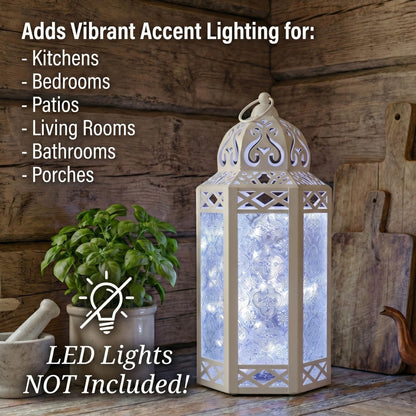 Black Metal Decorative Moroccan Lantern Candle Holder Lamp - Indoor/Outdoor, Home Decor, Patio, Weddings, Christmas - White/Clear Large - PT04
