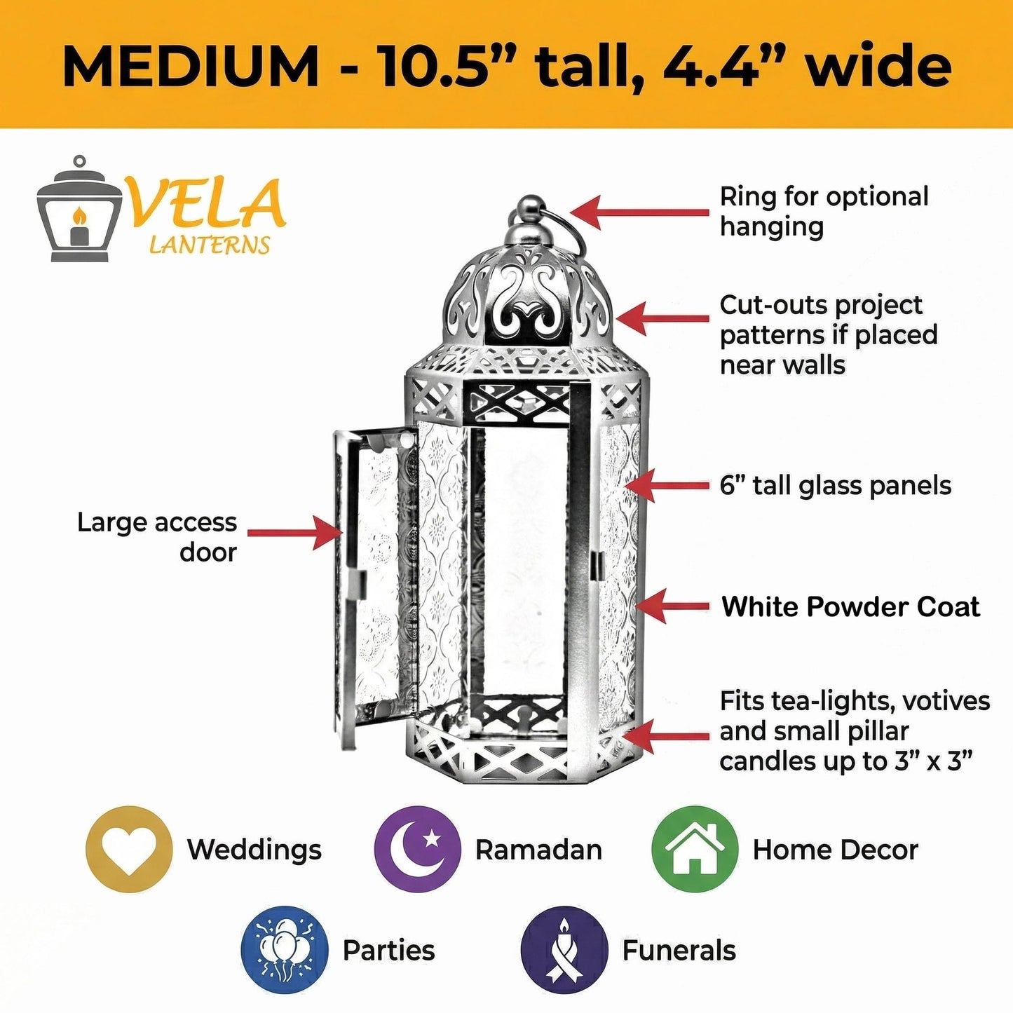 Black Metal Decorative Moroccan Lantern Candle Holder Lamp - Indoor/Outdoor, Home Decor, Patio, Weddings, Christmas - White/Clear Medium - PT06