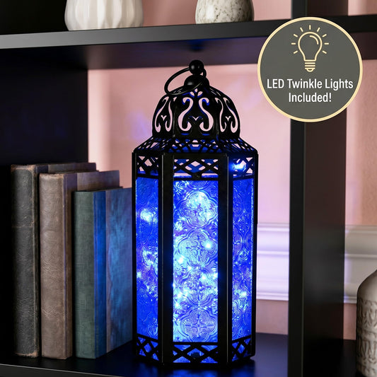 Metal Moroccan Decorative LED Fairy Lights Candle Lantern Holders for Indoor Home Fantasy Decor, Table Centerpieces, Outdoor Patio or Porch, Weddings, Medium - Cobalt Medium - PT01