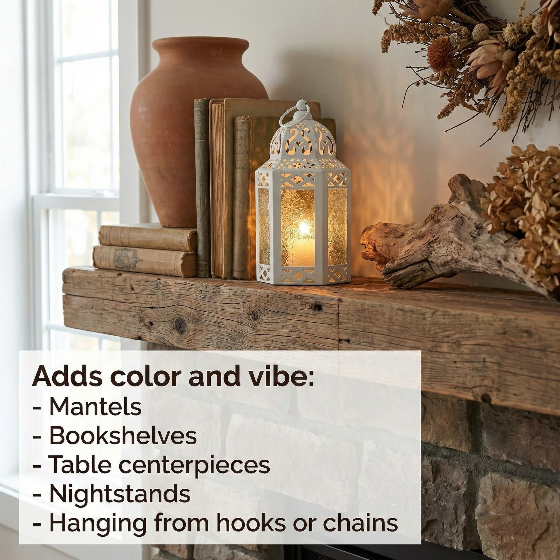 Black Metal Decorative Moroccan Lantern Candle Holder Lamp - Indoor/Outdoor, Home Decor, Patio, Weddings, Christmas - White/Clear Small - PT05