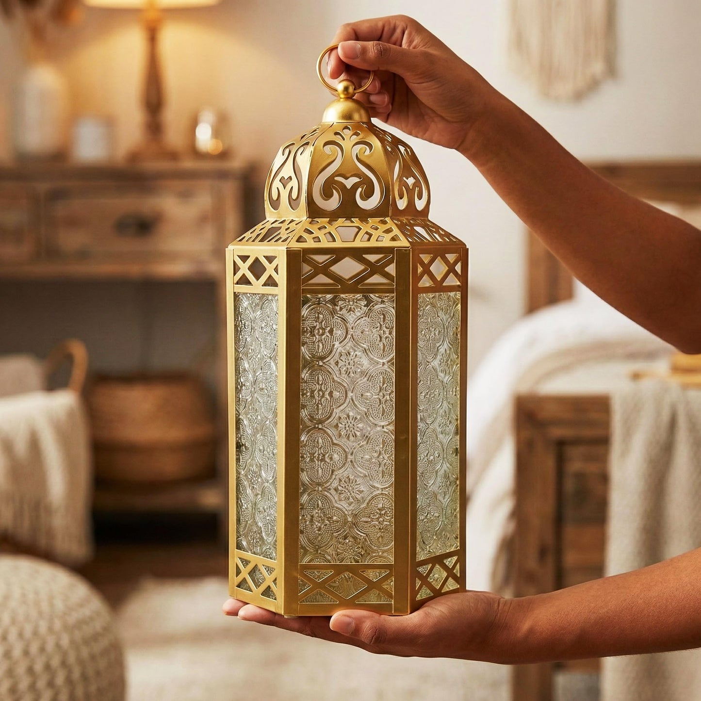 Gold Metal Decorative Moroccan Lantern Candle Holder Lamp - Indoor/Outdoor, Home Decor, Patio, Weddings, Christmas - Gold Large - PT07