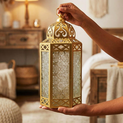 Gold Metal Decorative Moroccan Lantern Candle Holder Lamp - Indoor/Outdoor, Home Decor, Patio, Weddings, Christmas - Gold Large - PT07
