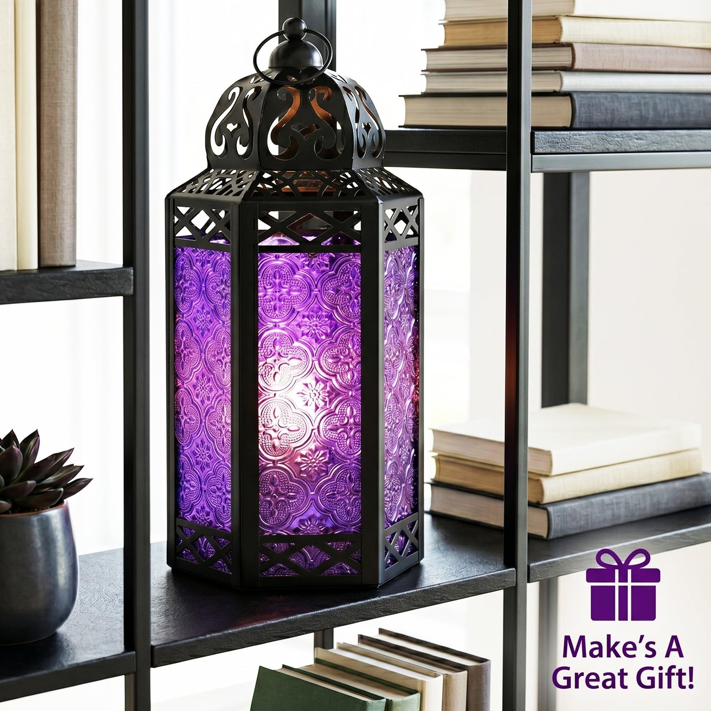 Black Metal Decorative Moroccan Lantern Candle Holder Lamp - Indoor/Outdoor, Home Decor, Patio, Weddings, Christmas - Purple Large - PT04