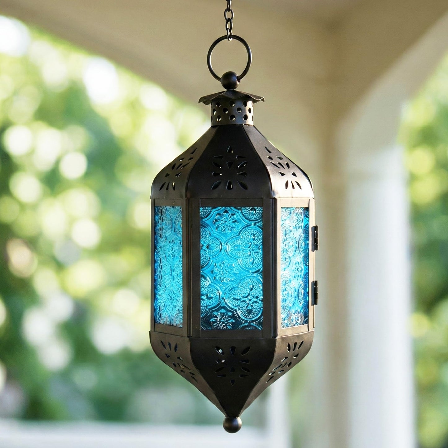 Hanging Moroccan Decorative Candle Lantern Holders for Outdoor Décor - Aqua Blue Hanging - PT06