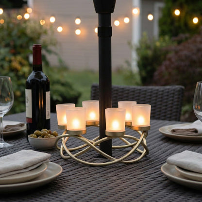 Iron Round Table Decor Centerpiece Decorations Candle Holder for Weddings, Outdoor Patio, Kitchen, Dining Room, and Coffee Tables, Glass Votive Tealight Holders - Gold/Frosted 6-Cup - PT01