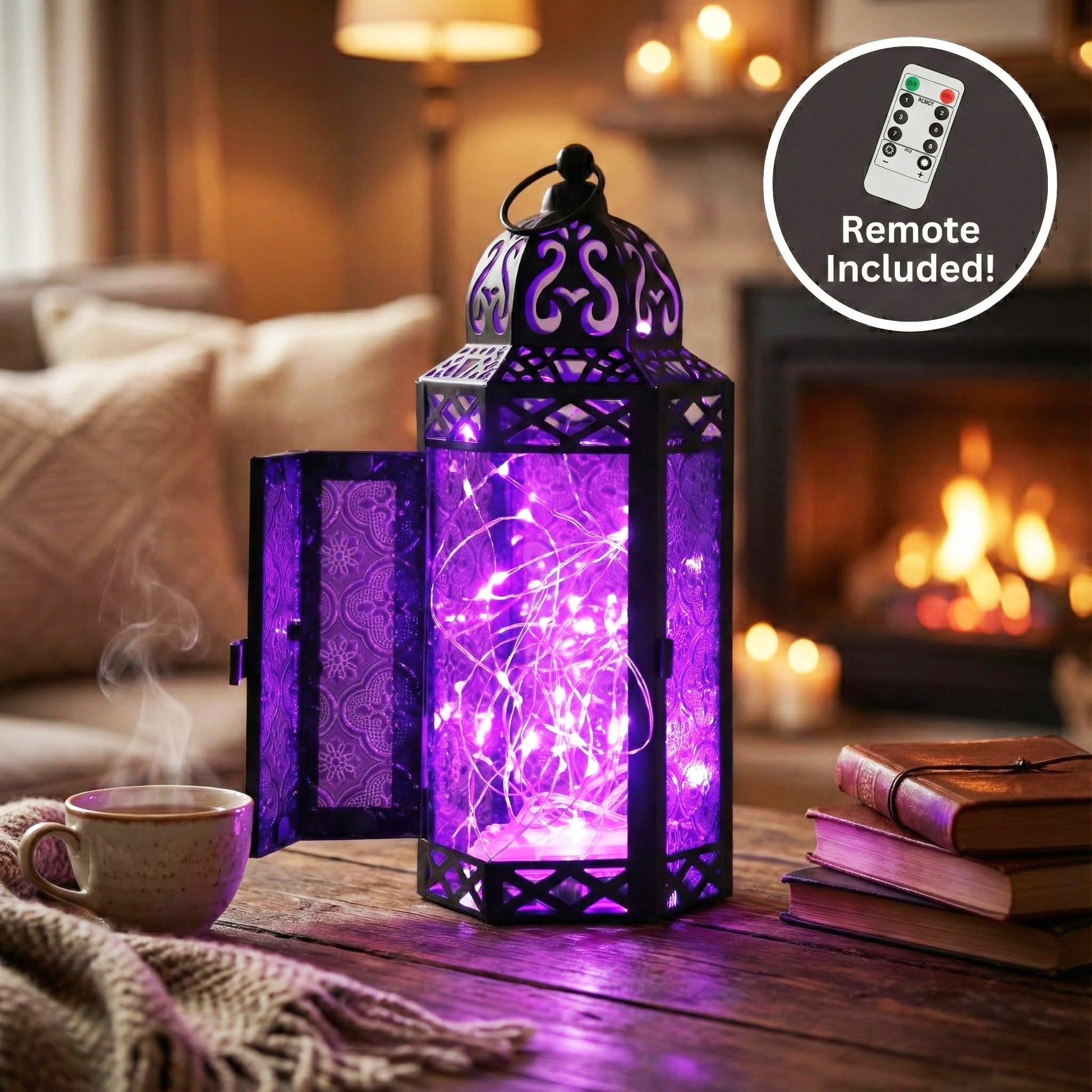 Metal Moroccan Decorative LED Fairy Lights Candle Lantern Holders for Indoor Home Fantasy Decor, Table Centerpieces, Outdoor Patio or Porch, Weddings, Medium - Purple Medium - PT04