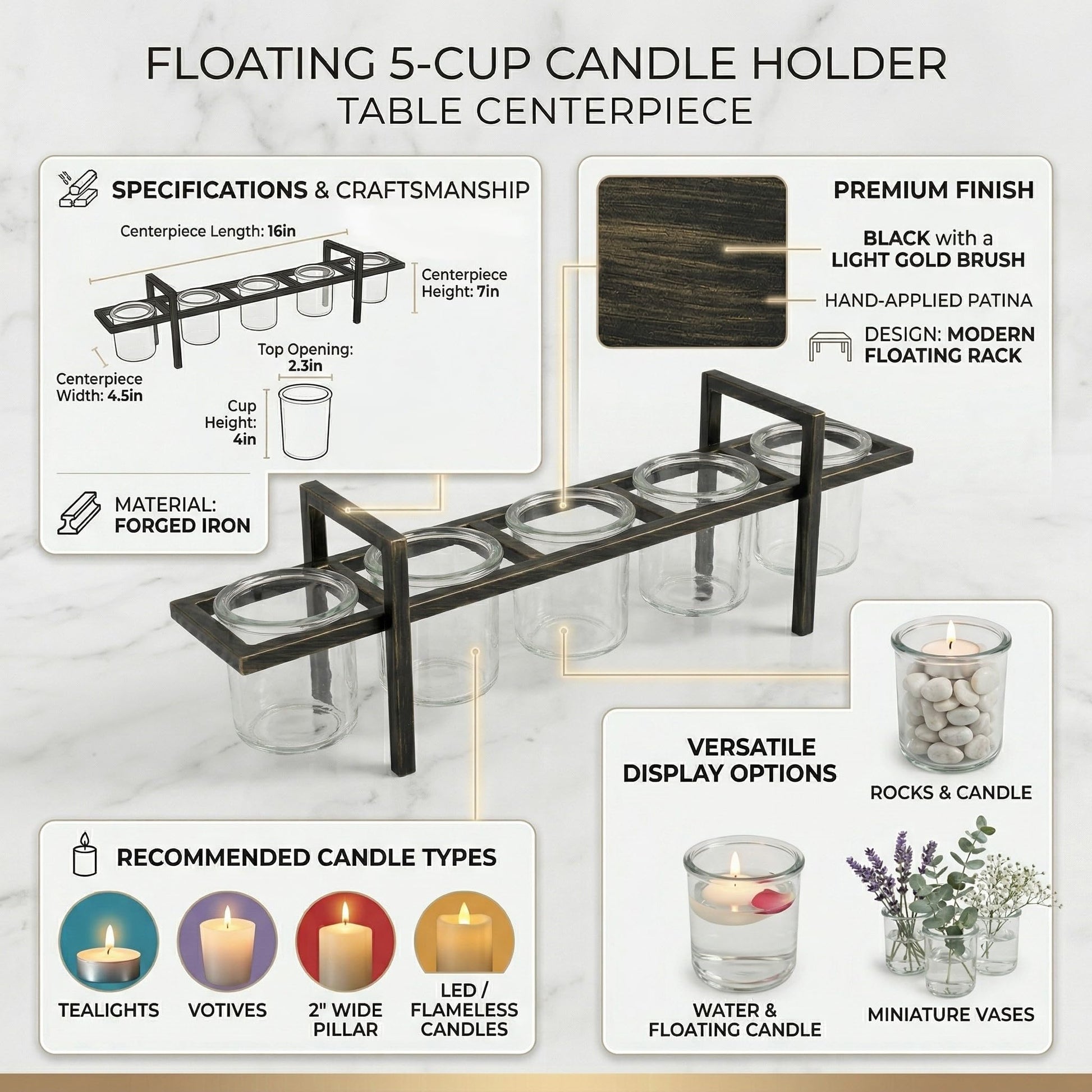 5-Cup Rustic Modern Floating Candle Holder Table Centerpiece Decoration for Dining Room, Kitchen, Patio, Weddings, Metal Iron with Glass Cups, 16" Long - Black 5-cup - PT02