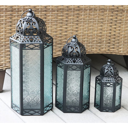 Set of 3 Clear Glass & Black Metal Moroccan Candle Lantern Holders (XL, Large, Small) - Decorative Indoor/Outdoor Decor for Patio, Floor, Weddings & Ramadan - Clear XL-LAR-SM - PT02