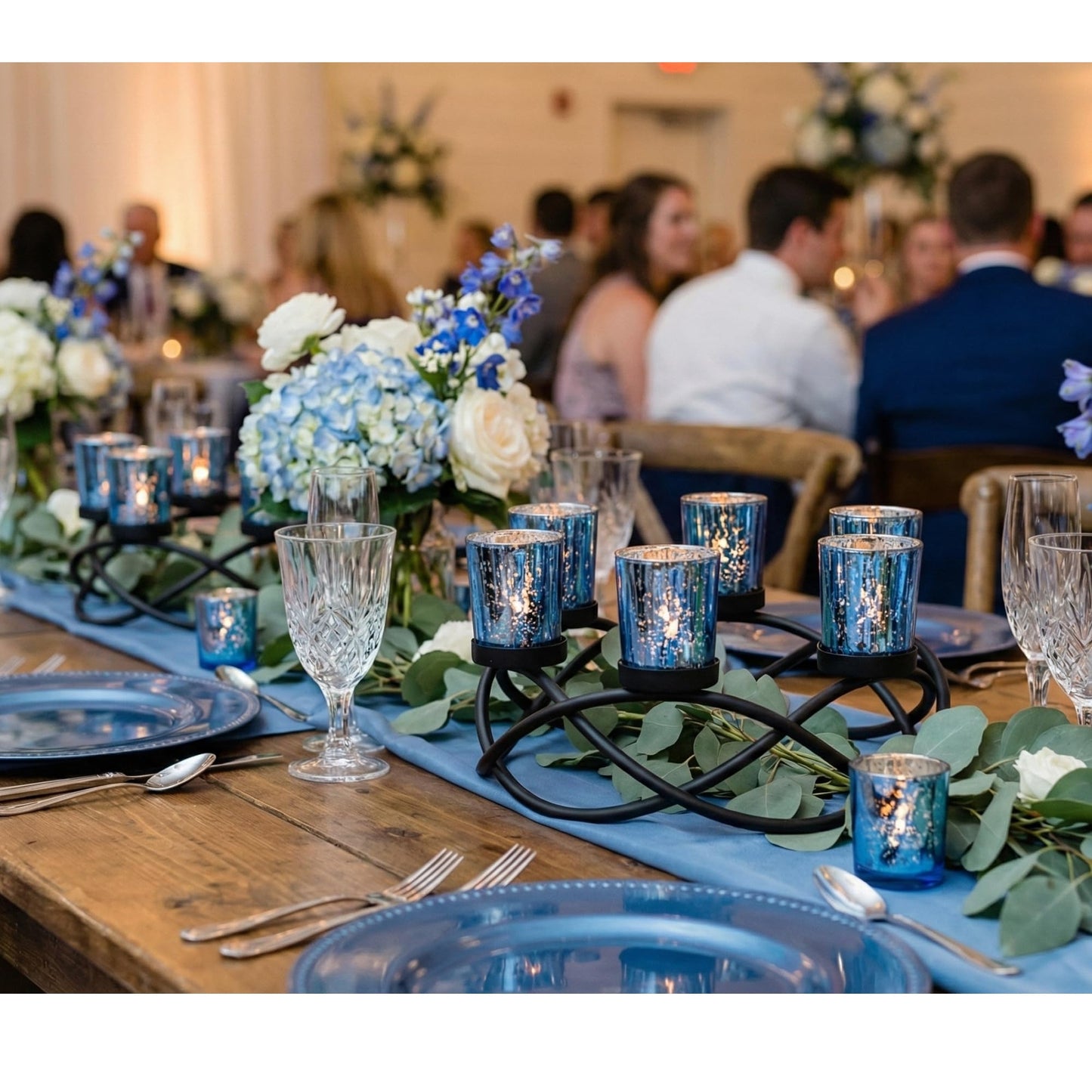 Iron Round Table Decor Centerpiece Decorations Candle Holder for Weddings, Outdoor Patio, Kitchen, Dining Room, and Coffee Tables, Glass Votive Tealight Holders - Black/Blue circular - PT05
