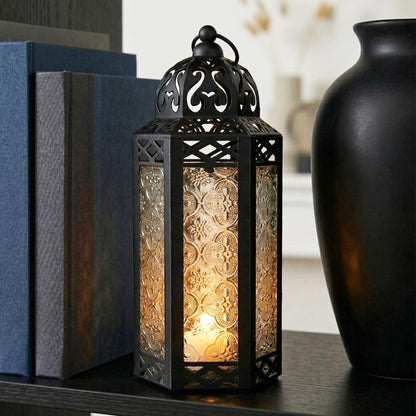 Black Metal Decorative Moroccan Lantern Candle Holder Lamp - Indoor/Outdoor, Home Decor, Patio, Weddings, Christmas - Clear Medium - PT01