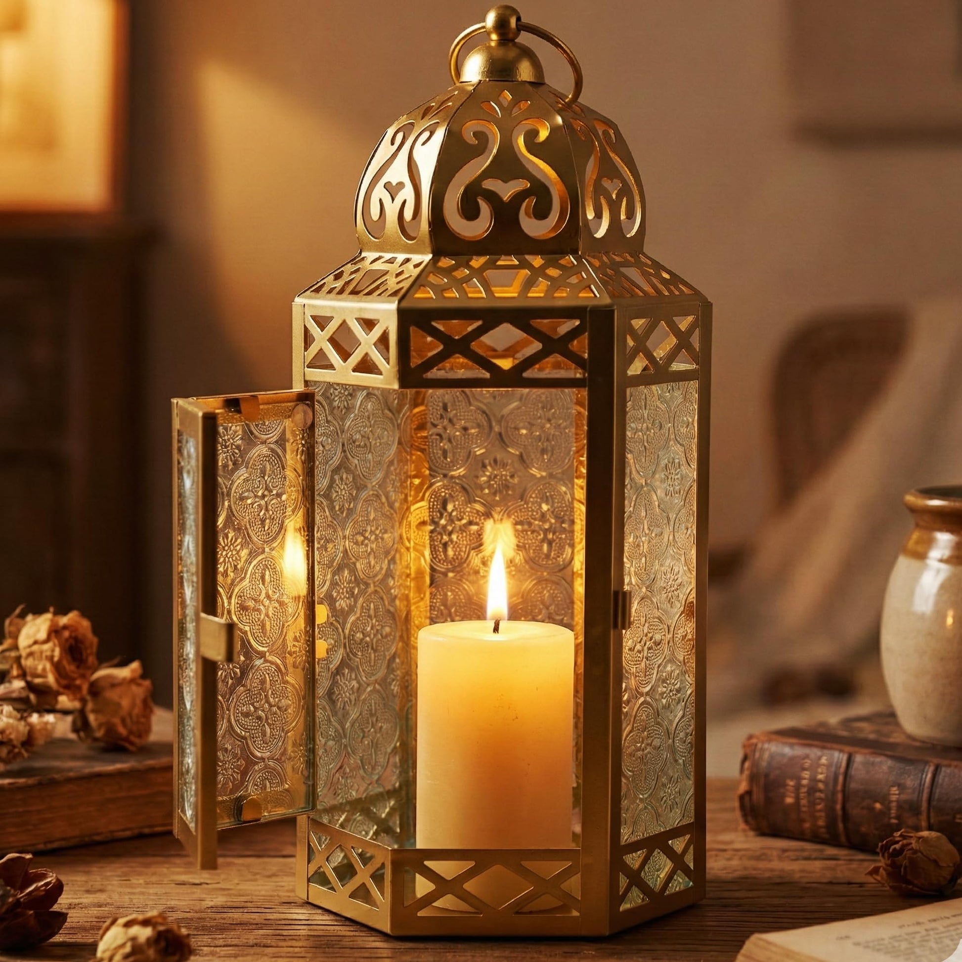 Gold Metal Decorative Moroccan Lantern Candle Holder Lamp - Indoor/Outdoor, Home Decor, Patio, Weddings, Christmas - Gold Large - PT03