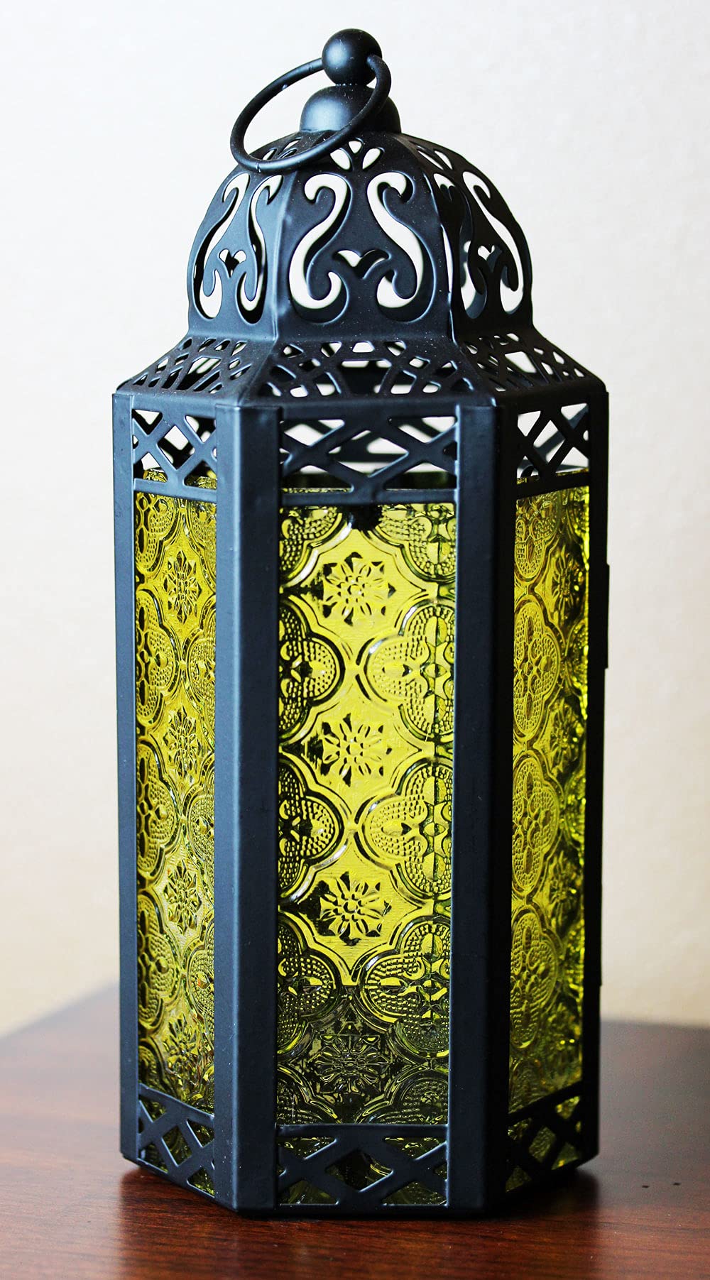 Black Metal Decorative Moroccan Lantern Candle Holder Lamp - Indoor/Outdoor, Home Decor, Patio, Weddings, Christmas - Yellow Medium - PT03