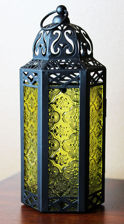Black Metal Decorative Moroccan Lantern Candle Holder Lamp - Indoor/Outdoor, Home Decor, Patio, Weddings, Christmas - Yellow Medium - PT03