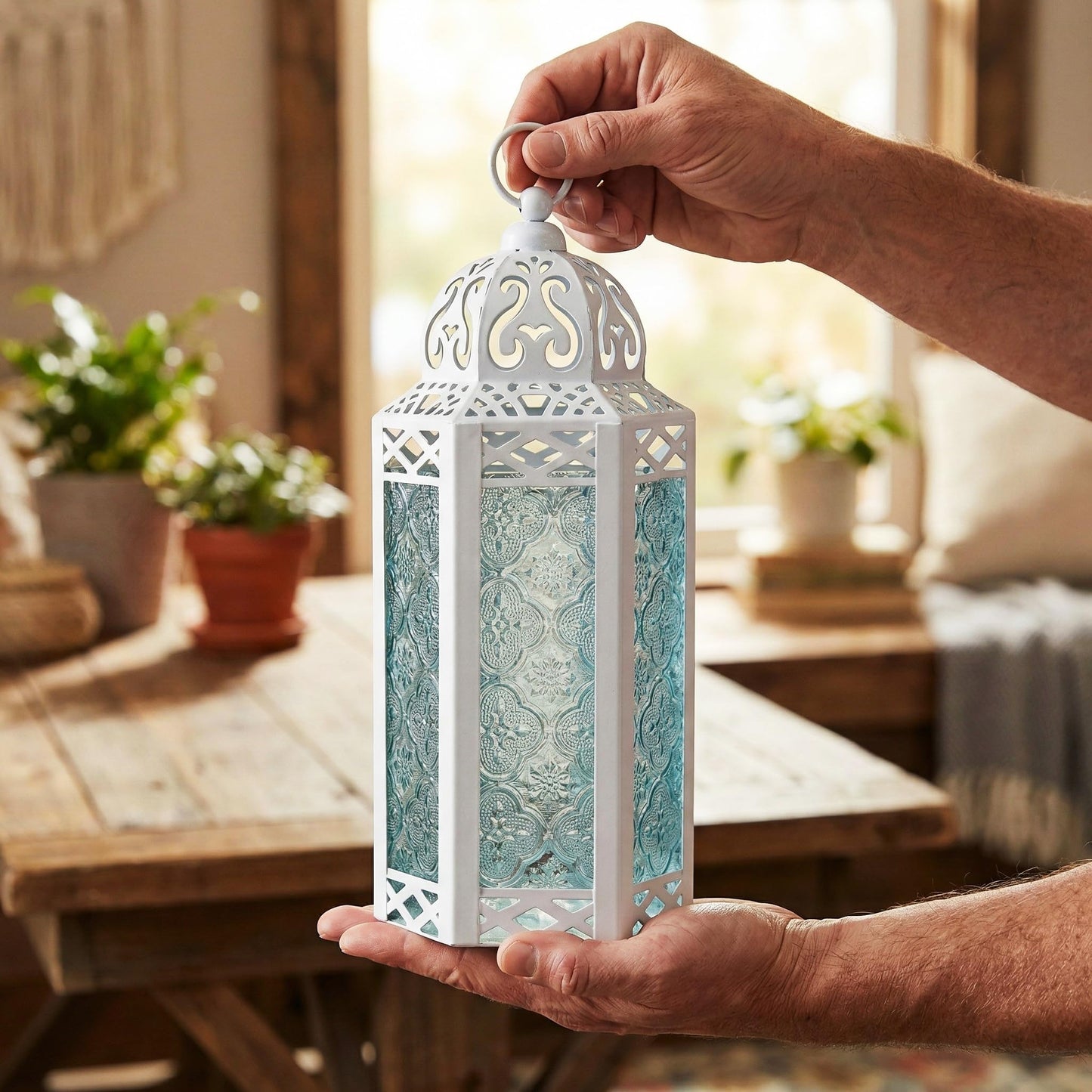 Black Metal Decorative Moroccan Lantern Candle Holder Lamp - Indoor/Outdoor, Home Decor, Patio, Weddings, Christmas - White/Clear Medium - PT04
