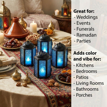 Mini Moroccan Tea Light Candle Holder Lanterns – 4.25" Small Decorative Lantern for Table or Hanging, Metal with Glass Panels – Ramadan, Wedding, Home Decor, Aq - Aqua Blue 4 - PT02
