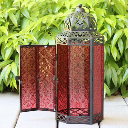 Black Metal Decorative Moroccan Lantern Candle Holder Lamp - Indoor/Outdoor, Home Decor, Patio, Weddings, Christmas - Red Extra Large - PT02