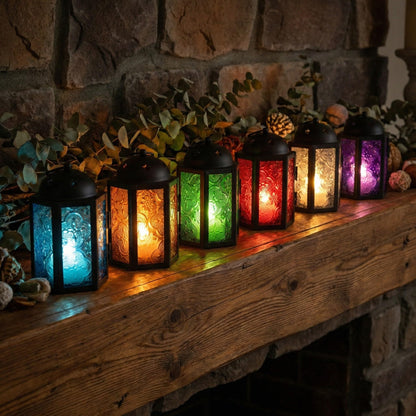Mini Moroccan Tea Light Candle Holder Lanterns – 4.25" Small Decorative Lantern for Table or Hanging, Metal with Glass Panels – Ramadan, Wedding, Home Decor, As - Assorted Colors 6 - PT07