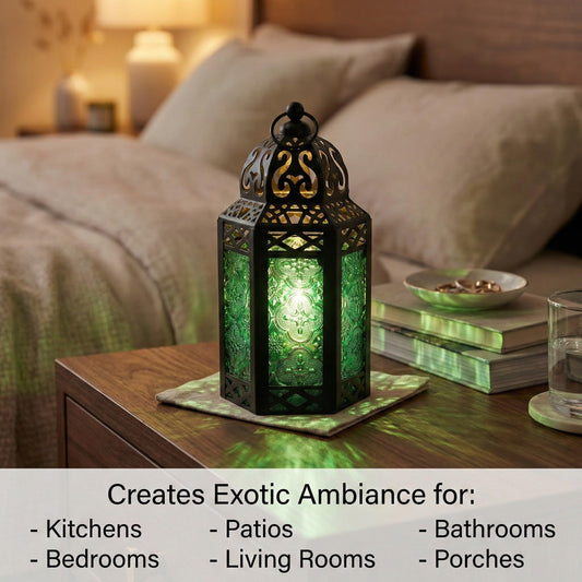 Black Metal Decorative Moroccan Lantern Candle Holder Lamp - Indoor/Outdoor, Home Decor, Patio, Weddings, Christmas - Green Small - PT01