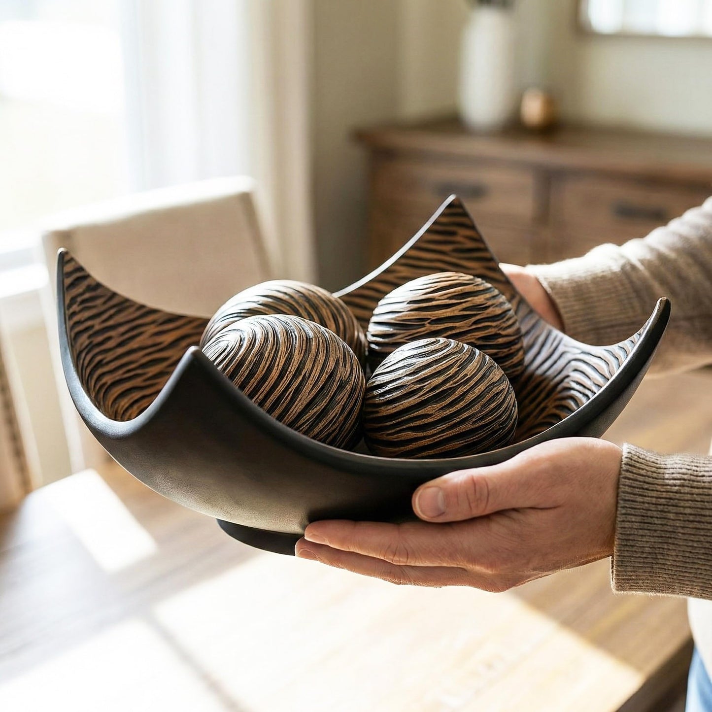 5pc Large Decorative Scoop Bowl Set with Stylish Orbs/Balls – Elegant Centerpiece for Dining/Kitchen Table, Living Room, or Office Decor, 14" diagonal. 11" wide - Brown 14 inches - PT04