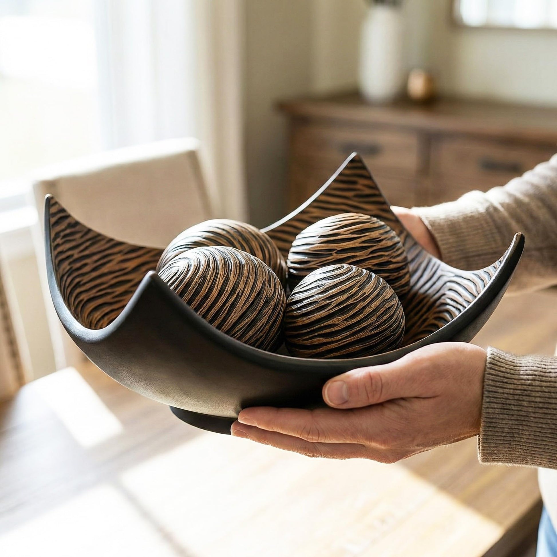 5pc Large Decorative Scoop Bowl Set with Stylish Orbs/Balls – Elegant Centerpiece for Dining/Kitchen Table, Living Room, or Office Decor, 14" diagonal. 11" wide - Brown 14 inches - PT04