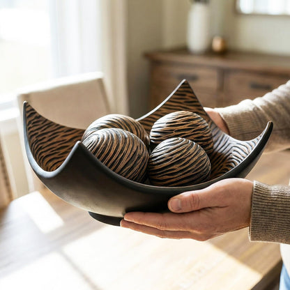 5pc Large Decorative Scoop Bowl Set with Stylish Orbs/Balls – Elegant Centerpiece for Dining/Kitchen Table, Living Room, or Office Decor, 14" diagonal. 11" wide - Brown 14 inches - PT04