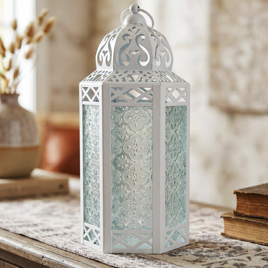 Black Metal Decorative Moroccan Lantern Candle Holder Lamp - Indoor/Outdoor, Home Decor, Patio, Weddings, Christmas - White/Clear Large - PT01