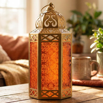 Gold Metal Decorative Moroccan Lantern Candle Holder Lamp - Indoor/Outdoor, Home Decor, Patio, Weddings, Christmas - Gold/Amber Large - MAIN