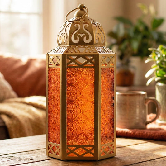 Gold Metal Decorative Moroccan Lantern Candle Holder Lamp - Indoor/Outdoor, Home Decor, Patio, Weddings, Christmas - Gold/Amber Large - MAIN