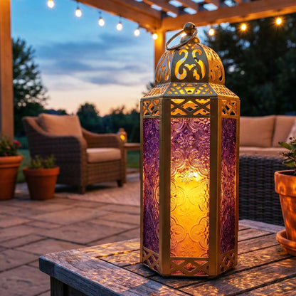 Gold Metal Decorative Moroccan Lantern Candle Holder Lamp - Indoor/Outdoor, Home Decor, Patio, Weddings, Christmas - Gold/Purple Medium - PT06