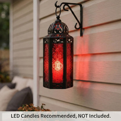 Black Metal Decorative Moroccan Lantern Candle Holder Lamp - Indoor/Outdoor, Home Decor, Patio, Weddings, Christmas - Red Medium - PT08