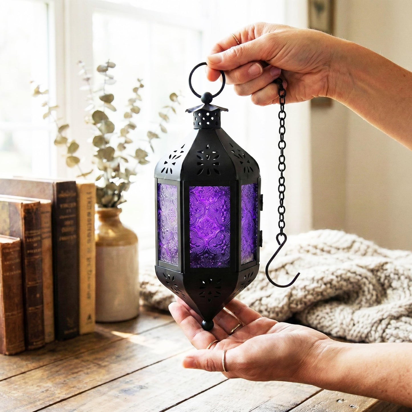 Hanging Moroccan Decorative Candle Lantern Holders for Outdoor Décor - Royal Purple Hanging - PT03