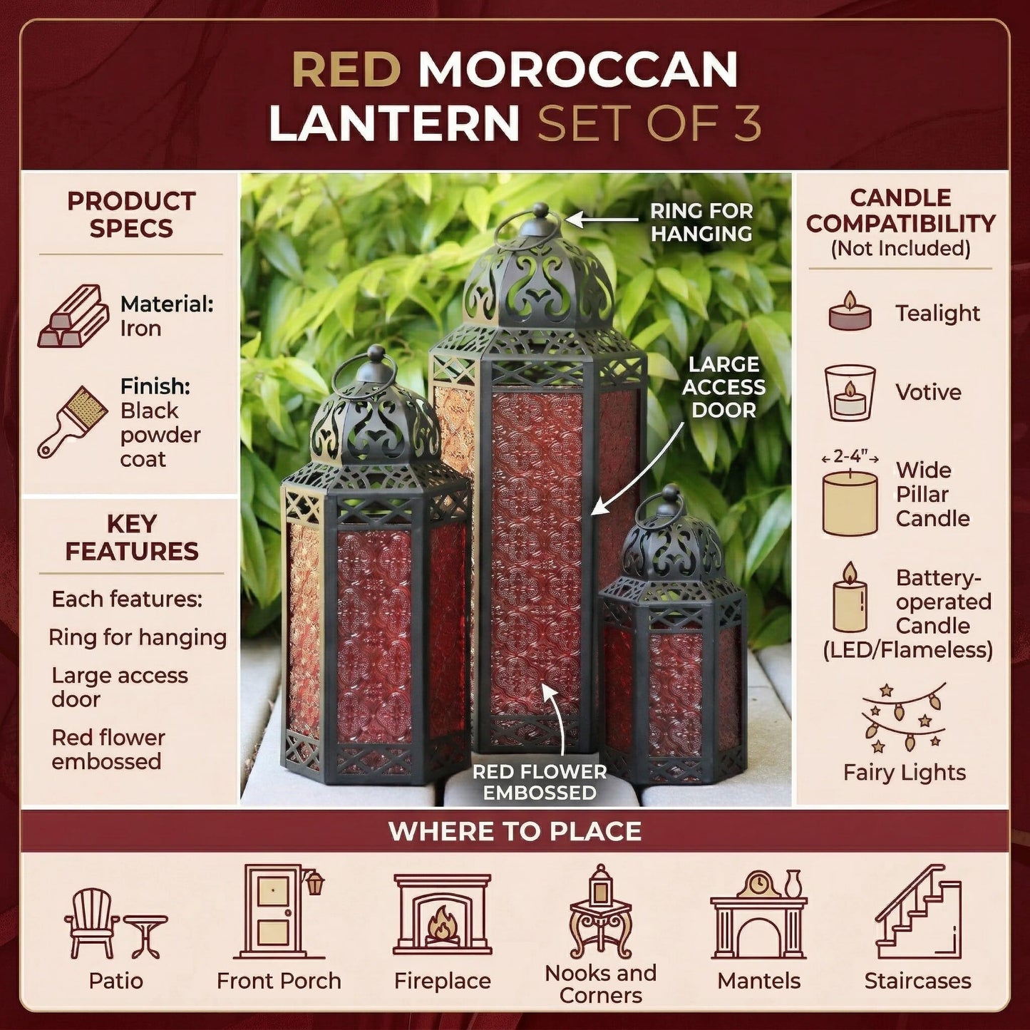 Set of 3 Red Glass & Black Metal Moroccan Candle Lantern Holders (XL, Large, Small) - Decorative Indoor/Outdoor Decor for Patio, Floor, Weddings & Ramadan - Red XL-LAR-SM - PT05