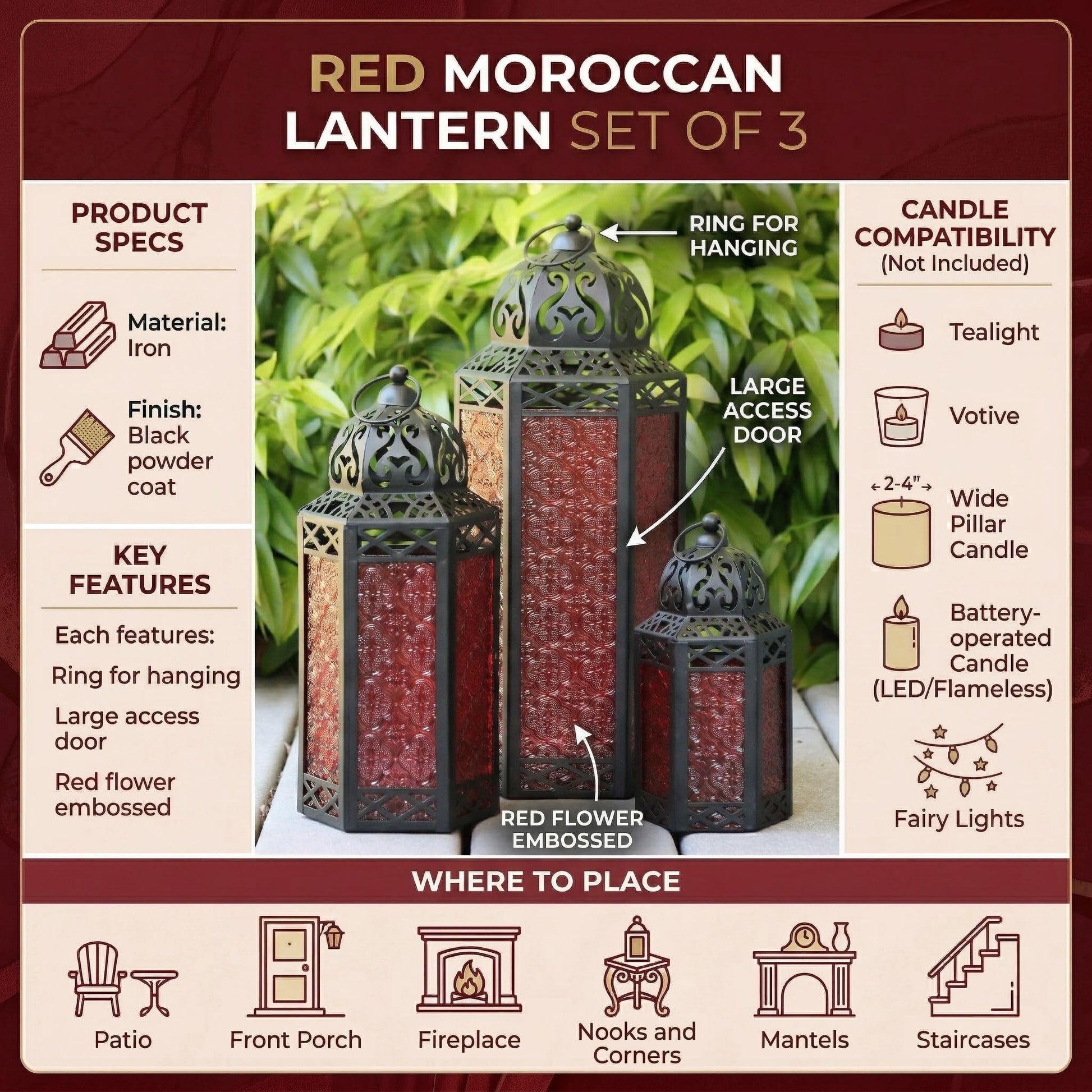 Set of 3 Red Glass & Black Metal Moroccan Candle Lantern Holders (XL, Large, Small) - Decorative Indoor/Outdoor Decor for Patio, Floor, Weddings & Ramadan - Red XL-LAR-SM - PT05