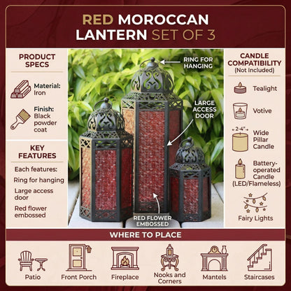 Set of 3 Red Glass & Black Metal Moroccan Candle Lantern Holders (XL, Large, Small) - Decorative Indoor/Outdoor Decor for Patio, Floor, Weddings & Ramadan - Red XL-LAR-SM - PT05