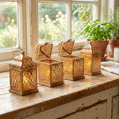 Mini Golden Tower Temple Moroccan Lantern Lamp Decorative Candle Holders for Ramadan Decorations, Hanging, Outdoor Patio or Porch, Indoor Home Decor, Set of 4 - Gold Mini - PT05