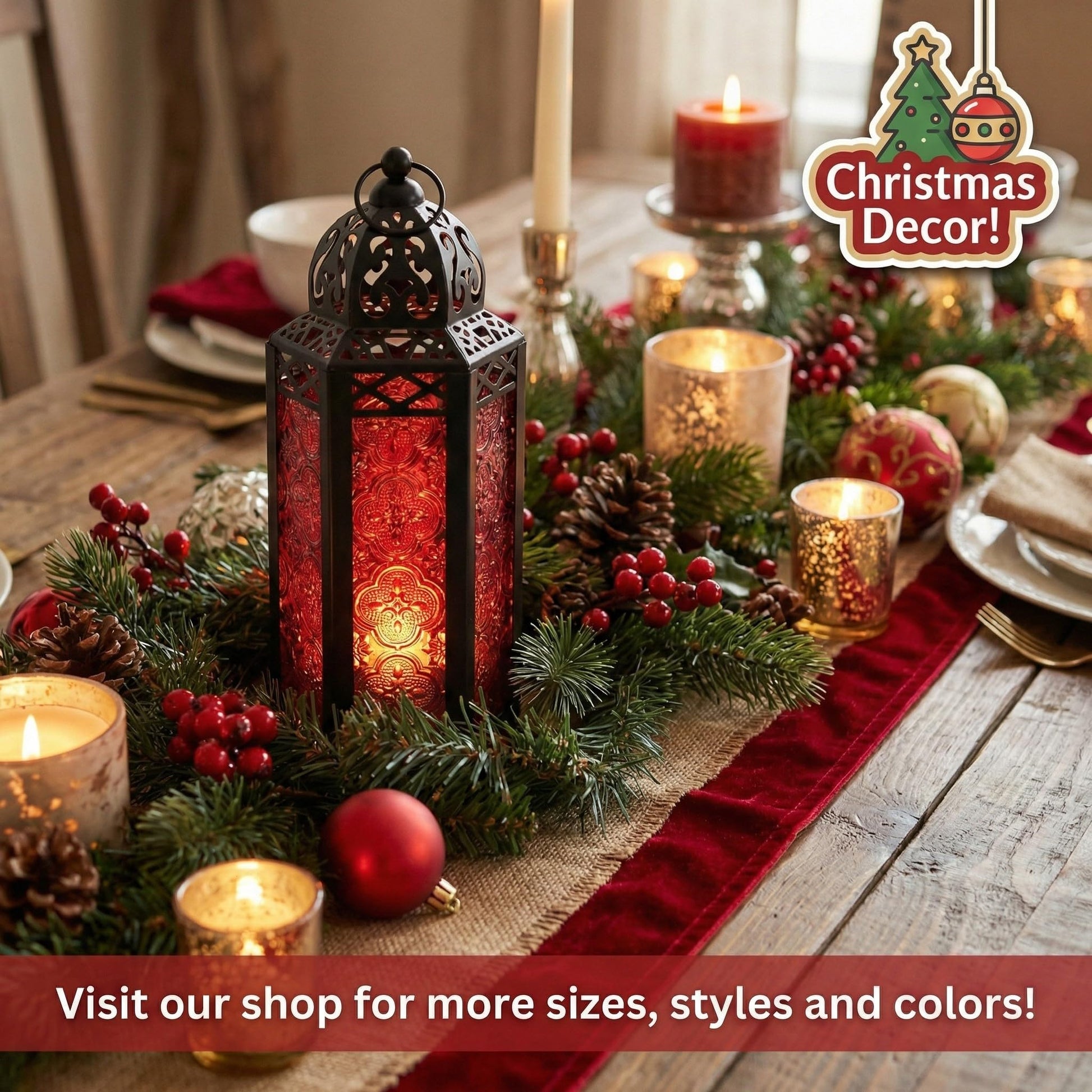 Black Metal Decorative Moroccan Lantern Candle Holder Lamp - Indoor/Outdoor, Home Decor, Patio, Weddings, Christmas - Red Medium - PT04